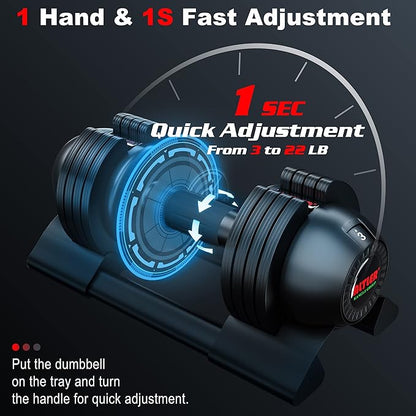 Adjustable Dumbbell,22LBS 44LBS 52LBS Dumbbell Set with Tray for Fitness, Fast Adjust Weight by Turning Anti-Slip Handle, Safety with 8 Lock Slots, Suitable for Men and Women