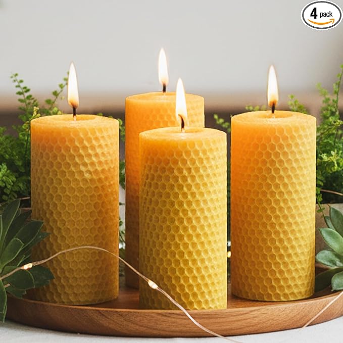 4 Packs 3x6 Inch Beeswax Candles, Large Honeycomb Beeswax Pillar Candles, 45 Hours Burn Time, Natural Pure Bees Wax Candle Handmade Gift for Home Decor, Candle Lovers, Air Purify