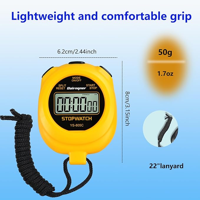 Stopwatch Timer with Countdown, ON/Off Simple Operation No Clock No Date, Digital Stop Watch for Sports, Yellow