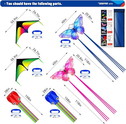 3 Piece Set Butterfly Delta Octopus Kites for Kids and Adults，Easy to Fly for Outdoor Adults Children Line Kite for Kids Toy (Delta 2+Octopus 2+Butterfly 2, 6)
