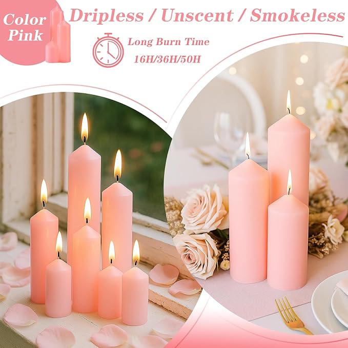 36 Pcs Pink Pillar Candles Bulk Set，Hurricane Candlesï¼? Different Lengths (12 Each)，Dripless Unscented Smokeless，Gives You a Better Atmosphere When Organizing Wedding or Event Party.
