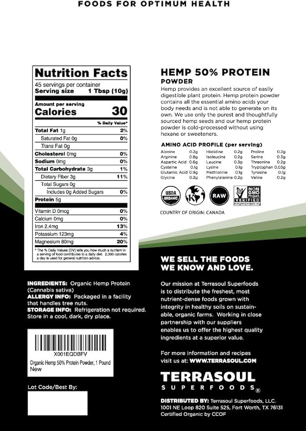 Terrasoul Superfoods Organic Hemp Protein Powder (50% Protein), 2 Pounds