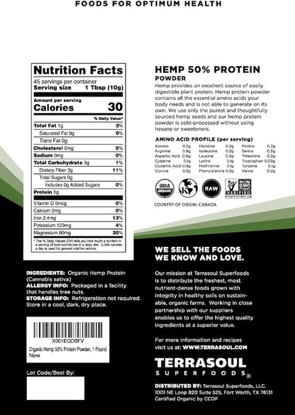 Terrasoul Superfoods Organic Hemp Protein Powder (50% Protein), 2 Pounds