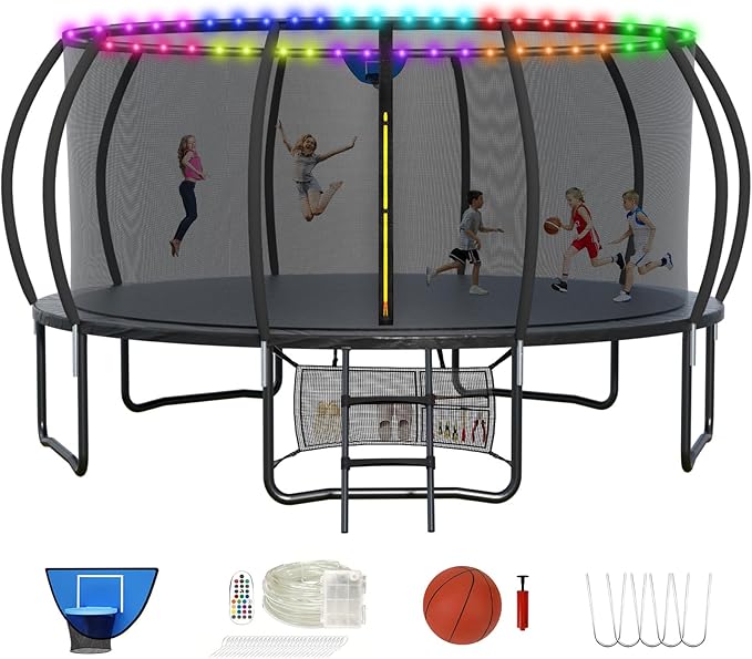 Trampoline 12FT 14FT 15FT 16FT for Kids/Adults - Outdoor Recreational with Enclosure Net Curved Poles and Ladder, Heavy Duty Anti-Rust Coating, ASTM Approval