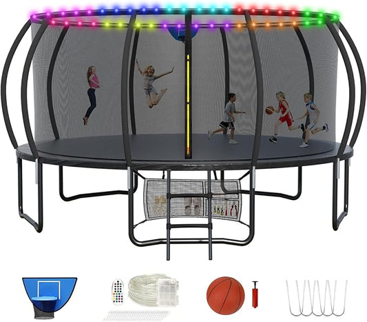 Trampoline 12FT 14FT 15FT 16FT for Kids/Adults - Outdoor Recreational with Enclosure Net Curved Poles and Ladder, Heavy Duty Anti-Rust Coating, ASTM Approval