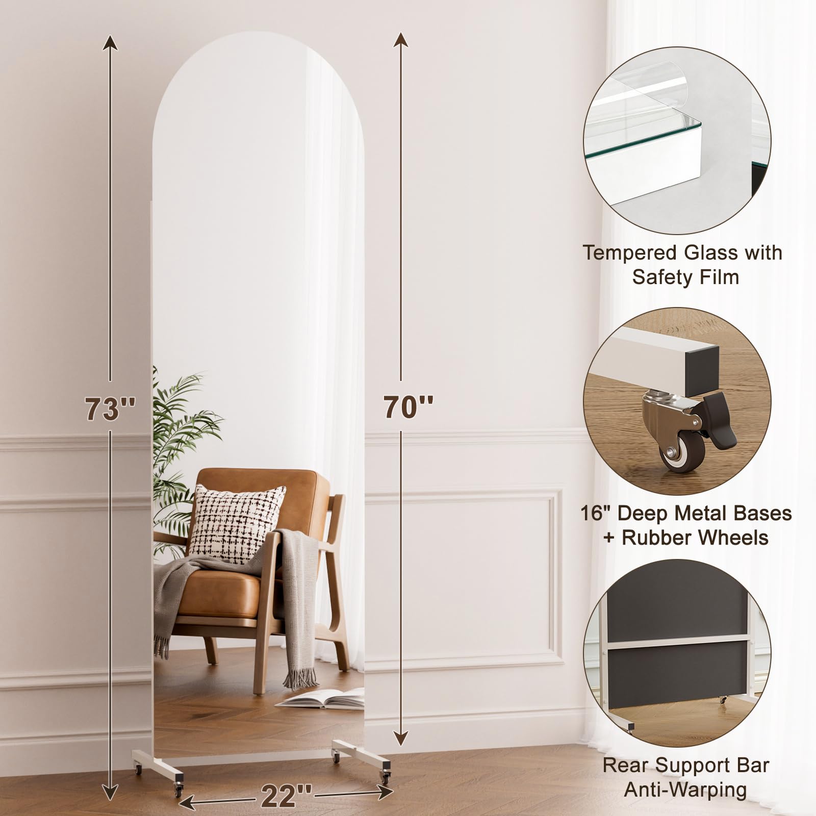 brisafe 70” x 22” Arched Full Length Floor Mirror, Lockable Wheels for Easy Moving & No Wobble