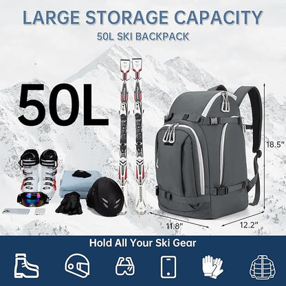 Ski Boot Bag, 50L Ski Boot Travel Backpack for Skis, Snowboard & Accessories, Waterproof Padded Ski Boot Bag Backpack