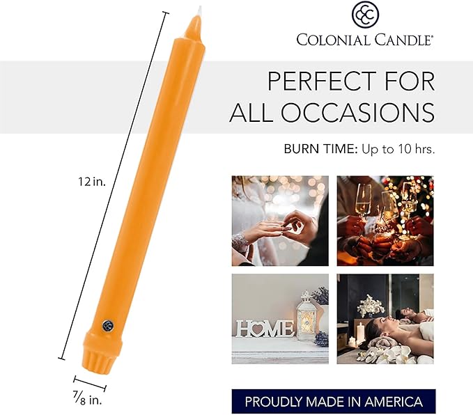 Colonial Candle Unscented Taper Candle, Classic Collection, Caramel, 12 in, Pack of 12 - Up to 10 Hours Burn