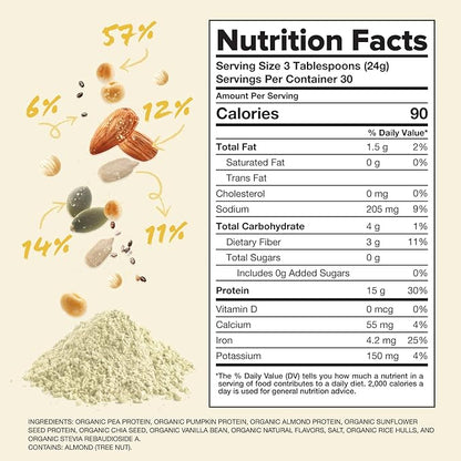 Complement Organic Vanilla Vegan Protein Powder (30 Servings) Low Carb, Low Calorie, Sugar Free, Soy Free, Non-GMO, Gluten Free, Non Dairy- Yellow Pea, Pumpkin Seed- 15g Plant Based Protein Powder