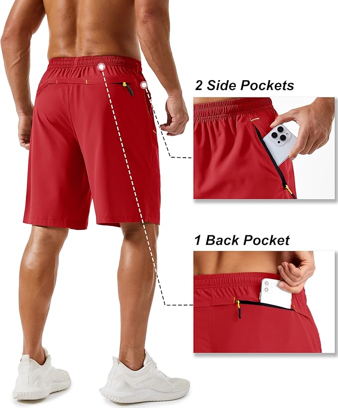 TACVASEN Men's Running Athletic Shorts 9" Quick Dry Workout Gym Shorts Lightweight Summer Shorts 3 Zipper Pockets