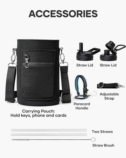 32oz Insulated Water Bottle,Stainless Steel Vacuum Water Bottle, BPA-Free & Leakproof -with Paracord Handle,Strap,Straw Spout Lids,Large Water Jug for Gym Sports