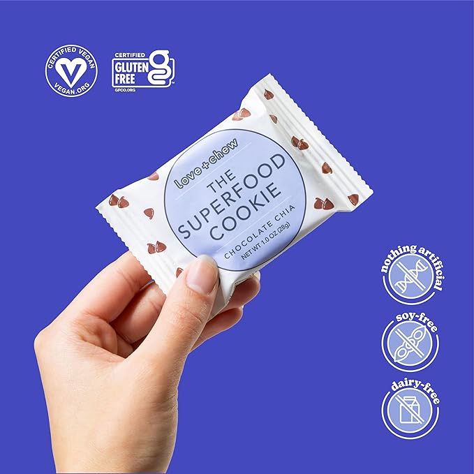 Love + Chew Chocolate Chia Minis Bulk Box - Tasty, Gluten Free Cookies - Vegan, Healthy, Paleo, Non GMO - Individually Wrapped and Soft Baked - Made from High Protein Almonds - 1 Ounce Each, 80 Count