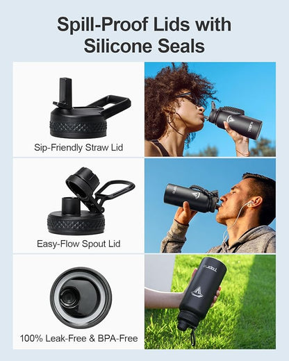 32oz Insulated Water Bottle,Stainless Steel Vacuum Water Bottle, BPA-Free & Leakproof -with Paracord Handle,Strap,Straw Spout Lids,Large Water Jug for Gym Sports