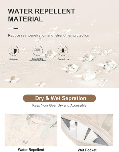 Gym Bag for Women Men with Shoe Compartment, Sport Duffel Bag, Waterproof Travel Weekender Overnight Carry on Bag for Yoga with Trolley Sleeve, Beige