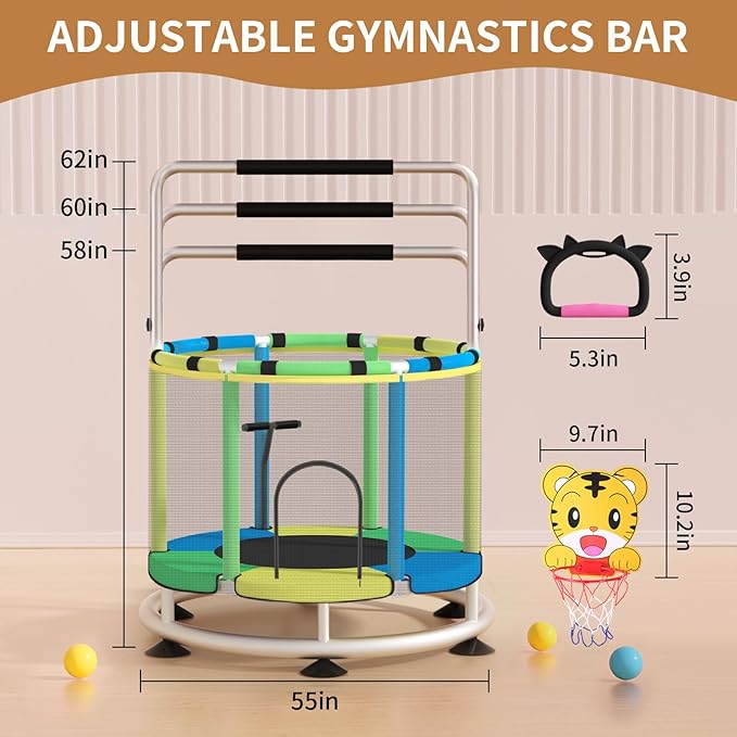 Trampoline for Kids, Adjustable Baby Toddler Trampoline with Basketball Hoop, Round Bottom Indoor Outdoor Toddler with Enclosure