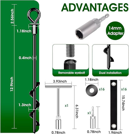 Trampoline Anchors Set of 16 - Heavy Duty Trampoline Stakes - Ground Anchors Resistant High Wind - Ground Stakes Heavy Duty with Straps