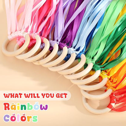 Junkin Ribbon Rings Hand Kite Waldorf Toys Dancing Wrist Ribbons Rainbow Streamers with Wood Ring Sensory Learning Educational Toy for Playroom Dancing Birthday Party Gift(Solid Color,24 Pcs)