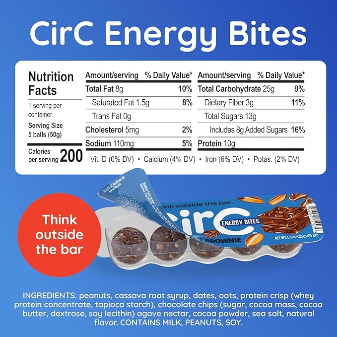 CirC Energy Bites - 12 Pack Chocolate Brownie Gluten Free Protein Balls - 10g Protein, Whole Grains, Nuts & Fruit - Portable Healthy Snacks for Adults & Kids, 5 Piece Resealable Packs