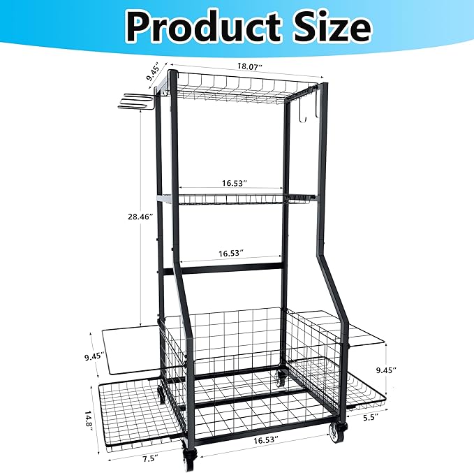 Sports Equipment Organizer, Outdoor Toy Storage Garage Organization - Ball Storage Racks with 2 Side Racks & Durable Baskets, Garage Rolling Ball Cart with Wheels, Hooks for Sports Gear, Bats