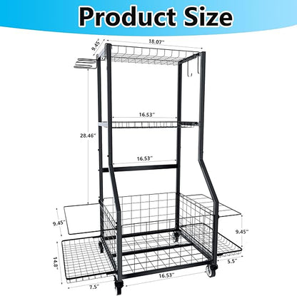 Sports Equipment Organizer, Outdoor Toy Storage Garage Organization - Ball Storage Racks with 2 Side Racks & Durable Baskets, Garage Rolling Ball Cart with Wheels, Hooks for Sports Gear, Bats