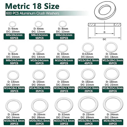 600PCS Oil Drain Plug Gasket Kit,18 Sizes Aluminum Crush Washers Assortment Kit,Automotive, Crush Washer Oil Drain Plug M6 M8 M10 M12 M14 M16 M18 M20 M22 M24