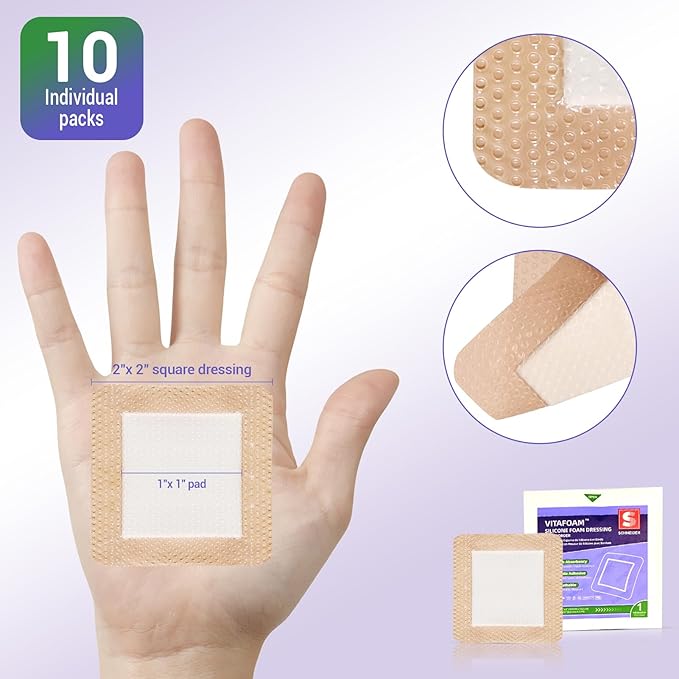 Silicone Foam Dressing 2" x 2" with Border, High Absorbency Wound Bandage, Gentle Adhesion, Soft Breathable Silicone Bandages for Wound Care, Pack of 10