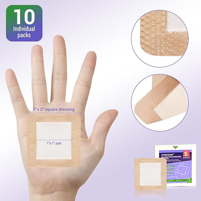 Silicone Foam Dressing 2" x 2" with Border, High Absorbency Wound Bandage, Gentle Adhesion, Soft Breathable Silicone Bandages for Wound Care, Pack of 10