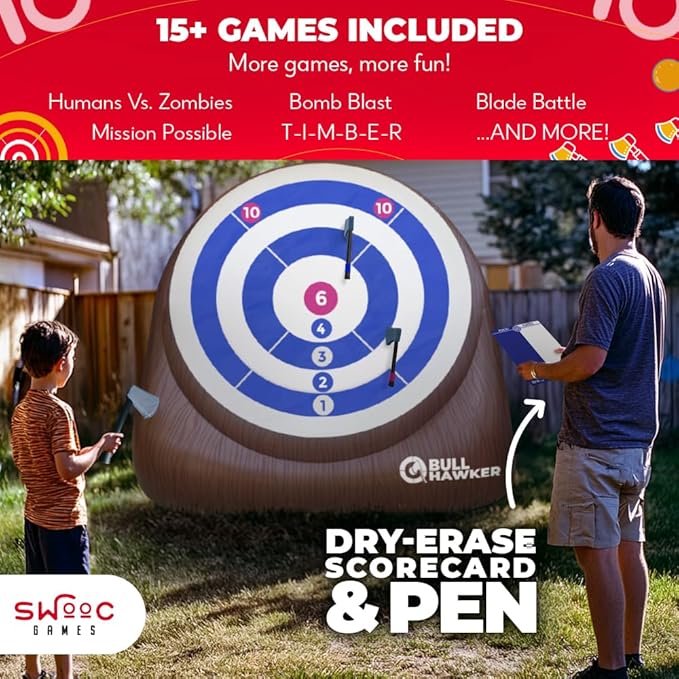 Swooc Games® - Bull Hawker™ | Giant Axe Darts (Over 6ft Tall) w/ 15+ Games | Axe Throwing Game for Backyard w/Air Pump | Outdoor Games for Adults and Family | Carnival Games | Throwing Axe Yard Games