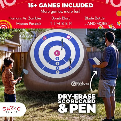 Swooc Games® - Bull Hawker™ | Giant Axe Darts (Over 6ft Tall) w/ 15+ Games | Axe Throwing Game for Backyard w/Air Pump | Outdoor Games for Adults and Family | Carnival Games | Throwing Axe Yard Games