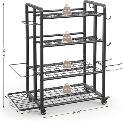 4-Tier Dumbbell Rack Stand Only, Adjustable Weight Rack for Dumbbells Kettlebells Yoga Mat, Home Gym Storage Rack with Wheels and Hooks, Powder Coated Finish