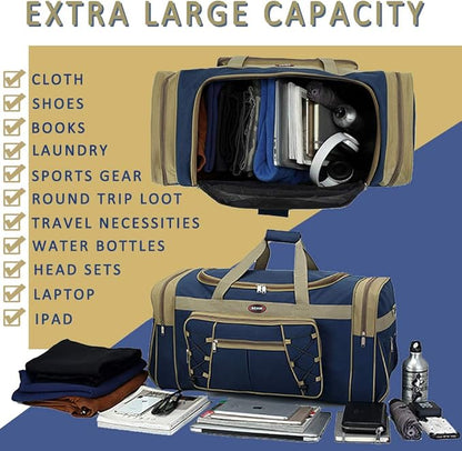 Travel Duffle Bags for Men 26" Weekender Over Night Carry On Bag Lightweight Extra Large Oxford Duffel Gym Sturdy Luggage Water-proof foldable Holdall (Blue)