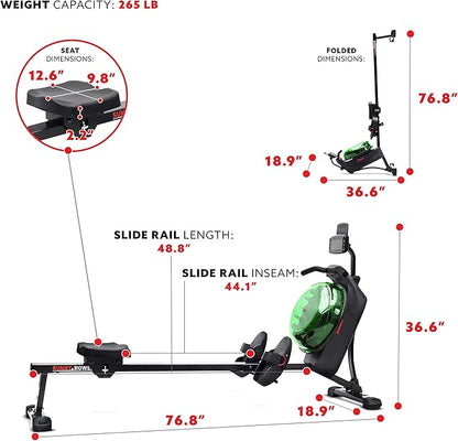 Sunny Health & Fitness Elite Water Rowing Machine with High Dynamic Resistance Vertical Tank, Low-Impact Full-Body Workout and Optional Free SunnyFit App Connectivity