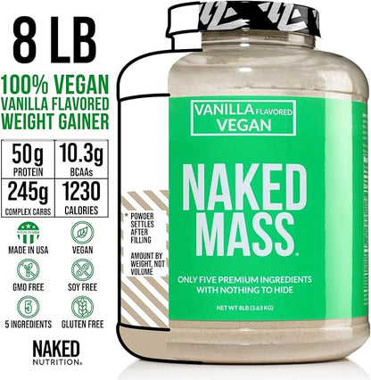 NAKED Vegan Mass - Vanilla Vegan Weight Gainer - 1,230 Calories, Non-GMO, Soy & Gluten Free, No Artificial Ingredients - 8LB Bulk - 11 Servings