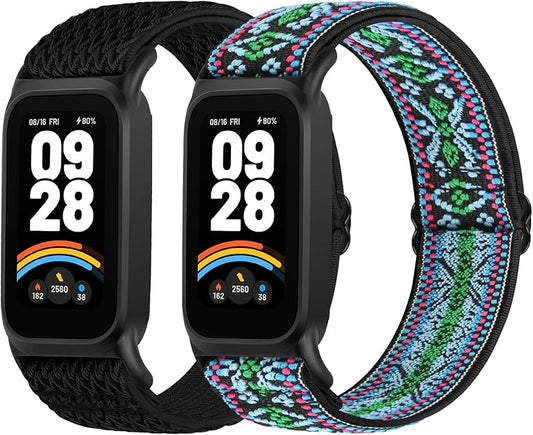 2 Pack Elastic Bands Compatible with Xiaomi Smart Band 9 Active Women Men, Soft Nylon Replacement Sport Wriststrap for Redmi Band 3