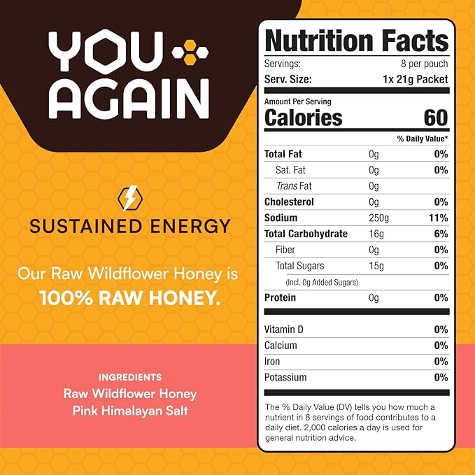 You Again Super Honey Clean Energy Gel, Honey & Himalayan Salt | Electrolyte Replenishment Running Fuel | Endurance Workouts & Cycling Gel | Paleo & Carnivore Snack | Gluten-Free | USA Made | 8-Pack