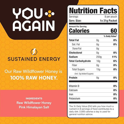 You Again Super Honey Clean Energy Gel, Honey & Himalayan Salt | Electrolyte Replenishment Running Fuel | Endurance Workouts & Cycling Gel | Paleo & Carnivore Snack | Gluten-Free | USA Made | 8-Pack