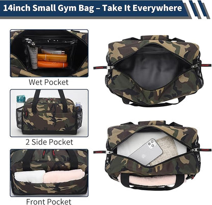 Small Gym Bag with Wet Pocket - 14 inch Mini Duffle Bag for Men & Women Lightweight Carry On Bag for Travel Sport - Camouflage