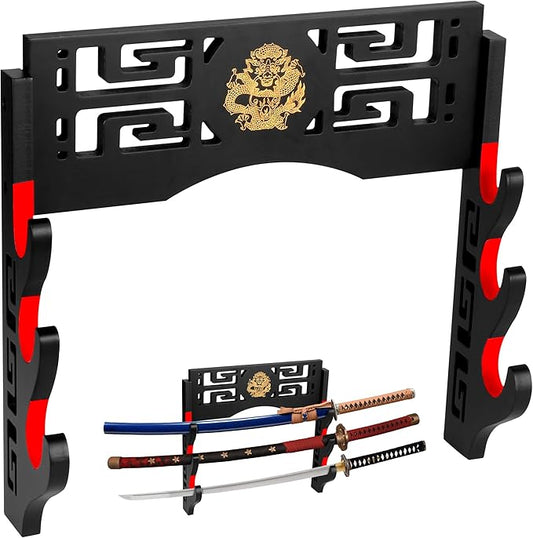 Sword Display Katana Wall Mount, 3-Tier Samurai Sword Katana Holder Stand with Velvet Padded Hook & Dragon Pattern, Sword Rack for Wakizashi Lightsaber Samurai