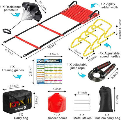 Agility Ladder Speed Training Equipment Set-20ft Agility Ladder,12 Soccer Cones,4 Hurdles, Jump Rope, Running Parachute| Basketball Football Soccer Training Equipment for Kids Youth Adults