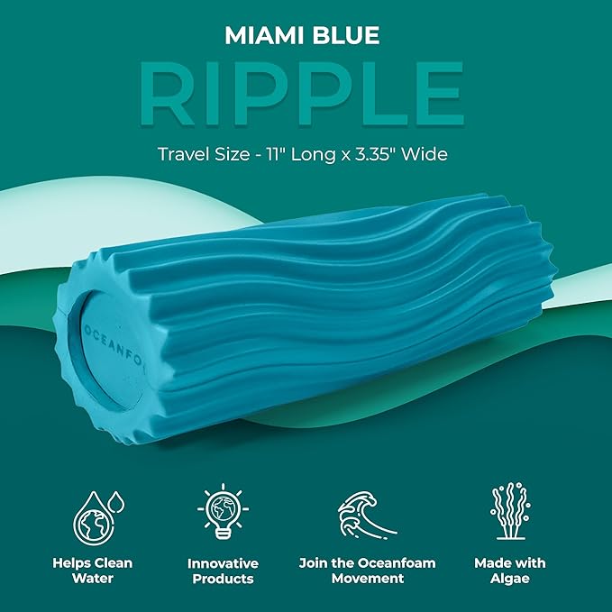 Oceanfoam Ripple Travel Foam Roller (11" x 3.35") Firm Mini Foam Roller for Physical Therapy, Deep Tissue Massage, Back Pain, High Density, Ergonomic Wave Textured, Yoga, Pilate, Exercise (Miami Blue)
