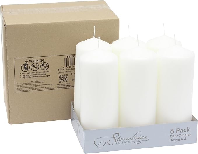 Stonebriar Unscented White Tall Pillar Candles, 80 Hour Burning Candle Pillars, Perfect for Decor, Weddings, Emergencies 3" X 8", 6 count