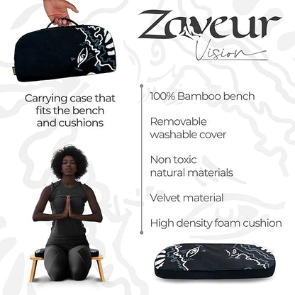 Bamboo Meditation Bench with Cushion - Foldable Bench for Multiple Seating Angles - Kneeling Chair Meditation Stool - Yoga Chair Prayer Bench for Deeper and Longer Meditation - Black