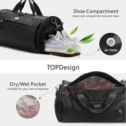 TOPDesign Gym Bag for Women & Men, Unisex Duffel Bag with Shoe Compartment & Wet Pocket for Travel Sports Gym (L Black)
