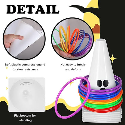 24 PcsHalloween Ring Toss Game Outdoor Carnival Party Games Include 6 Plastic Cones 18 Toss Rings for Halloween Party Games Indoor Outdoor Yard Activities