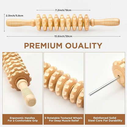 Wooden Cellulite Massage Roller for Legs and Thighs - Handheld Fascia Blaster Tool for Muscle Relief, Lymphatic Drainage & Body Sculpting - Anti Cellulite Massager for Women and Men (9 Wheel)