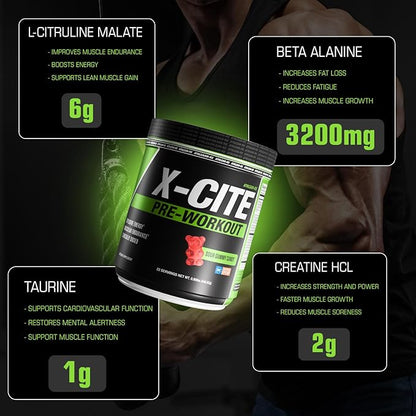 X-CITE Pre-Workout by ATHLEAN-X - Enhanced Formula with Beta-Alanine, Creatine & Caffeine for Ultimate Energy, Endurance, Focus & Muscle Pump, NSF Certified for Sports (22 Servings, Sour Gummy Bear)