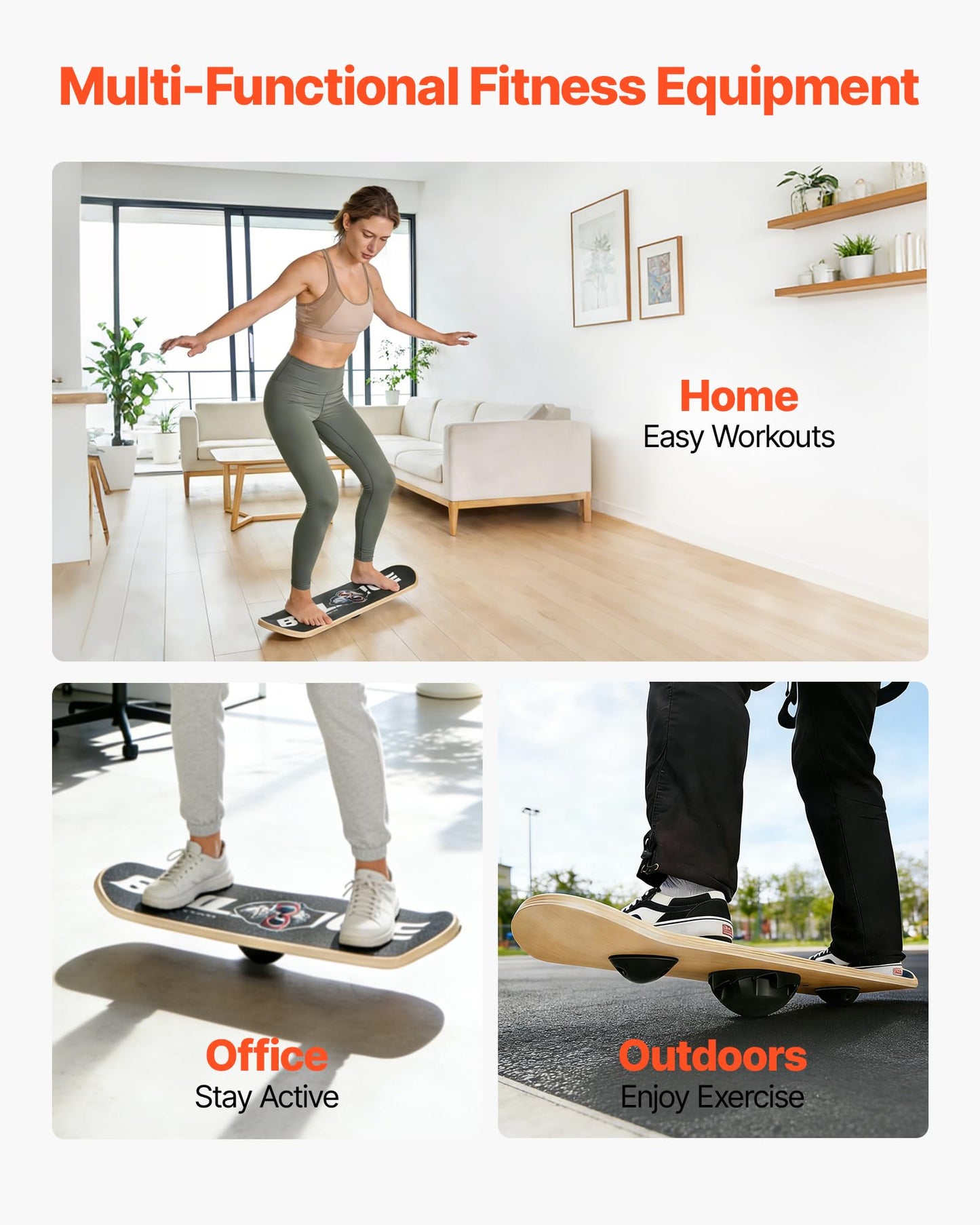 VEVOR Balance Board, Wobble Board Trainer for Adults 3-Level Adjustable Base, Premium Wooden