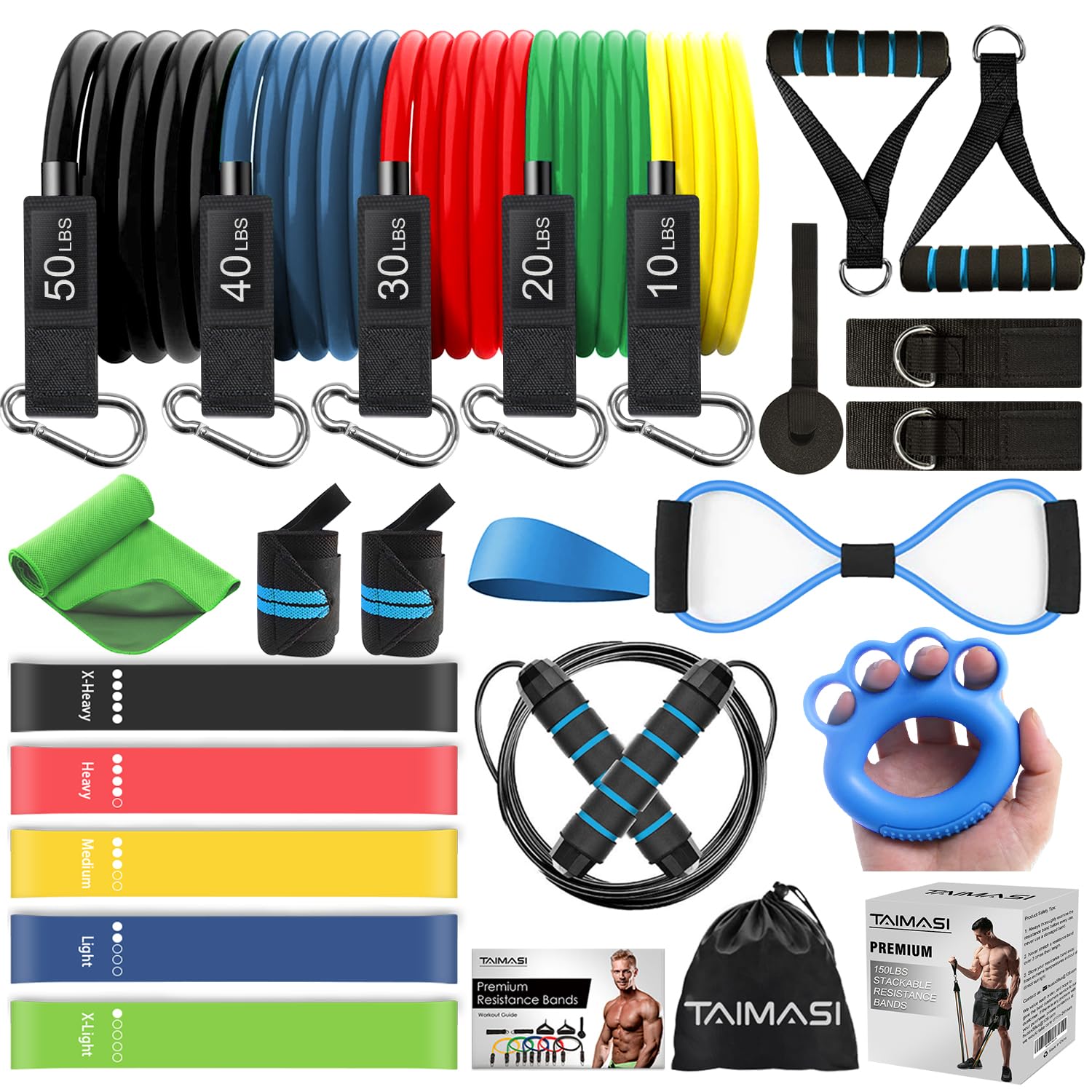 TAIMASI 23Pcs Stackable Resistance Bands Set with Handles Up to 150 Lbs