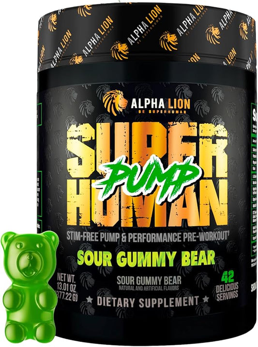 ALPHA LION Superhuman Pump Pre Workout Powder, Nootropic Caffeine & Stim Free Preworkout Supplement, Nitric Oxide Booster, Muscle Gainer, Energy & Focus (42 Servings, Sour Gummy Bear)