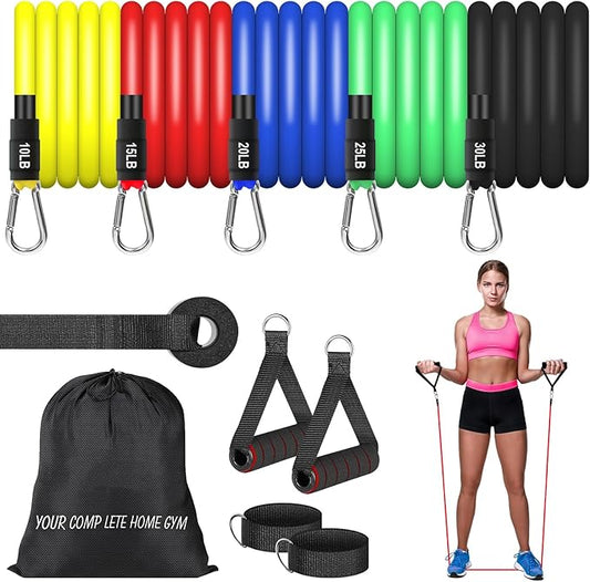 Resistance Bands Set, Workout Bands with Handles, Door Anchor, Ankle Straps and Carry Bag, Exercise Bands for Shape Body and Home Workouts